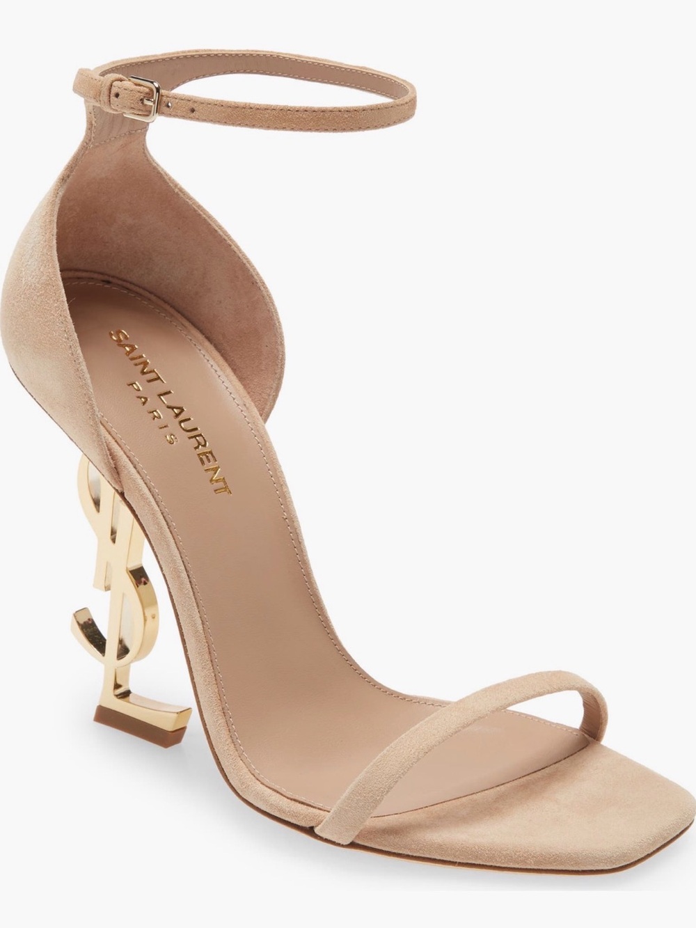 Saint Laurent Nude Suede YSL Logo Heel Ankle-Strap Sandal